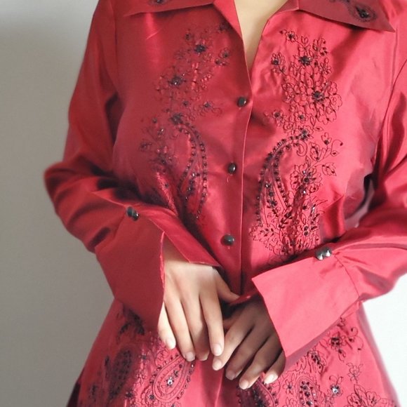 Silk Land Red Embroidered Button Up Blouse with beaded embellishments 100% silk - Picture 4 of 4